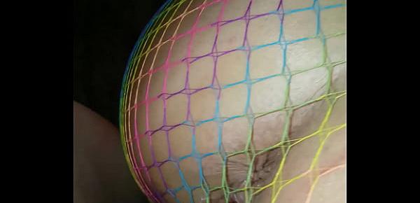  Wife gets creamy pussy fucked doggy in fishnet lingerie